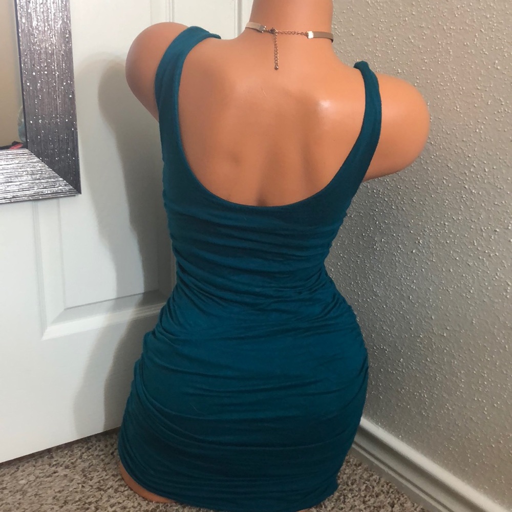 Teal Turquoise Ruched Dress - Picture 3 of 4